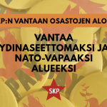 Taustalla Rauha- ja Pax-rintamerkkejä sekä kuvan päällä teksti: 'SKP:n Vantaan osastojen aloite - Vantaa ydinaseettomaksi ja Nato-vapaaksi alueeksi'.