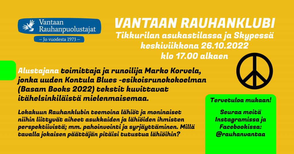 Lokakuun Vantaan Rauhanklubin banneri, jossa tapahtuman tietoja.